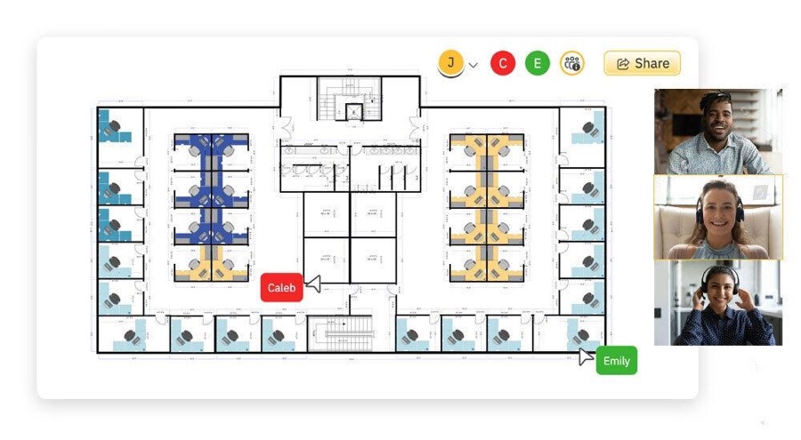 Two colleagues' cursors moving around an office floor plan, with a video call alongside