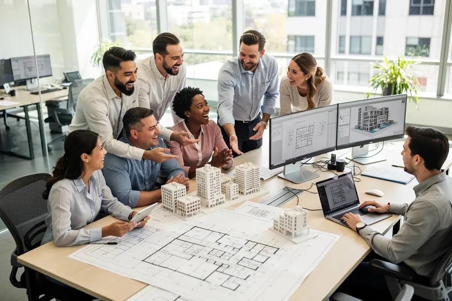 Architects gathered around building plans and models, discussing a design